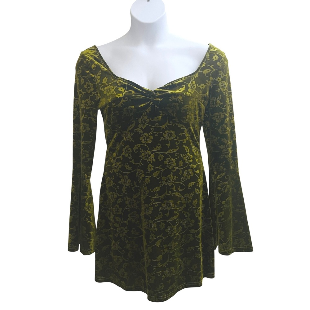 Womens Y2K Fairy Grunge Babydoll Floral Velvet Bell Sleeve Dress XL Homecoming